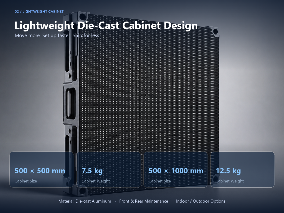 Lightweight Die-Cast Aluminum LED Cabinet 500x500mm 7.5kg